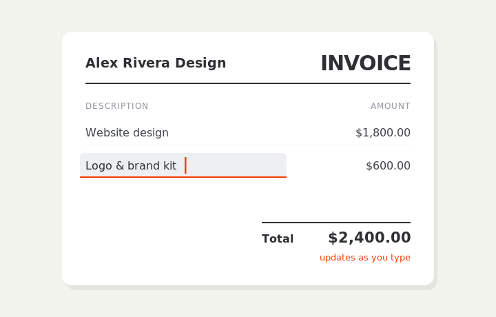 Editing a line item directly on the invoice, with the total updating live