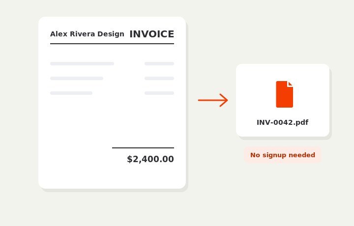 The finished invoice downloading as INV-0042.pdf, no signup required
